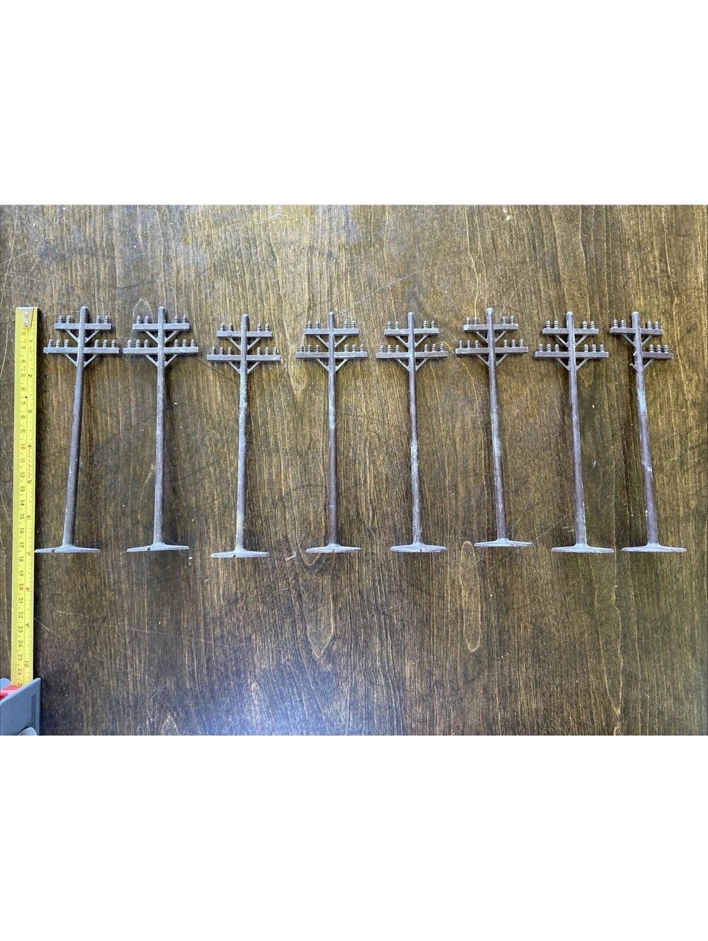 8 VINTAGE BROWN MARX O SCALE MODEL TRAIN TELEPHONE POLES 7" TALL